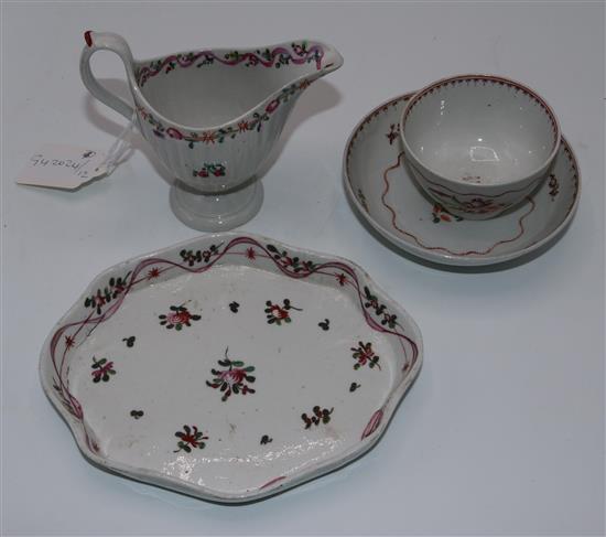 New Hall tea bowl & saucer, sauce boat, another tea bowl & saucer & a tray